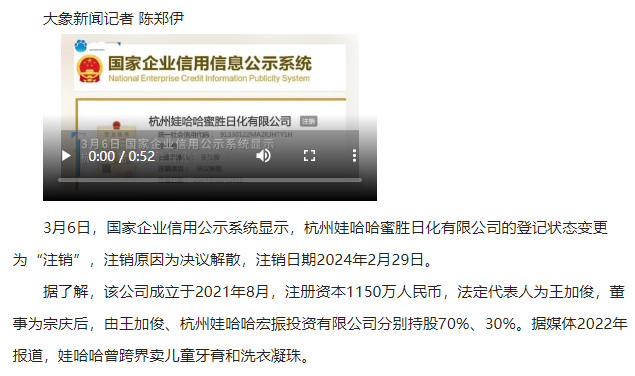 <strong>娃哈哈持股日化公司注销</strong>